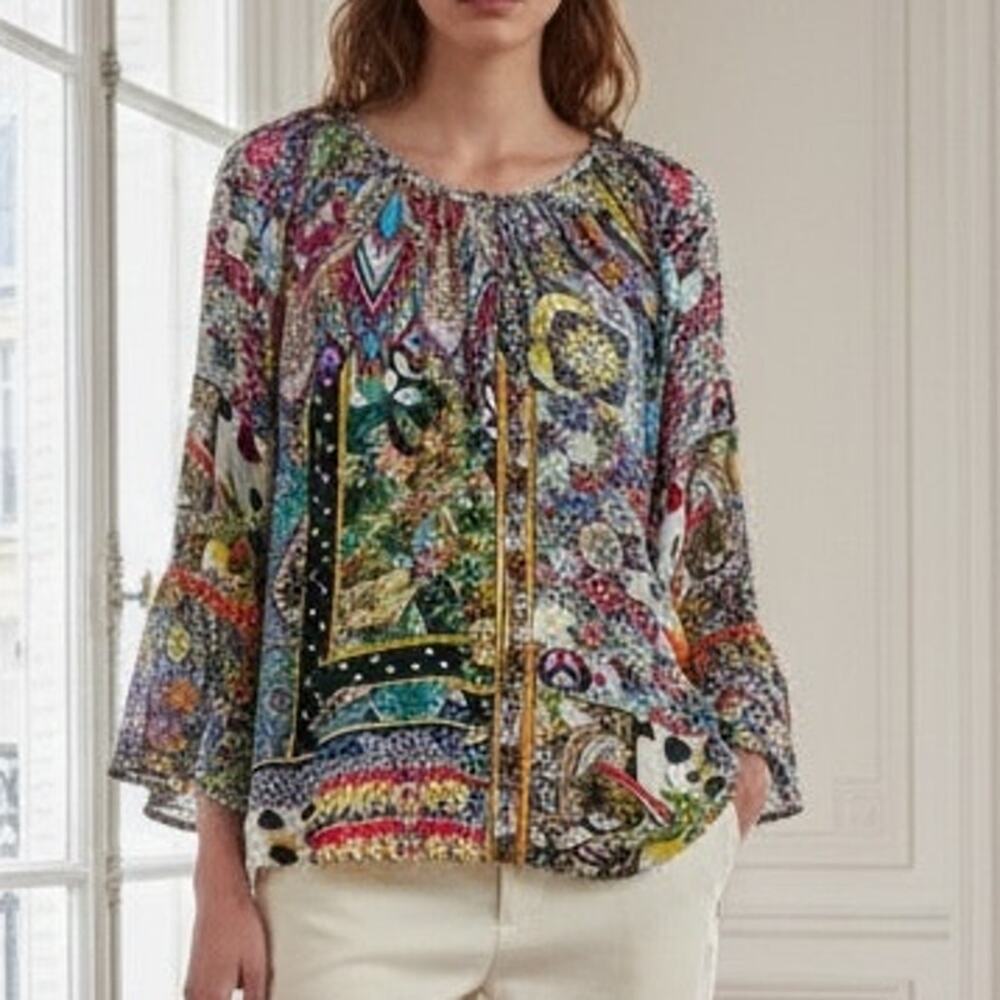 Shana Multicolor Geometric Floral  Flared Sleeve Button Front NWT Silk Top  Med